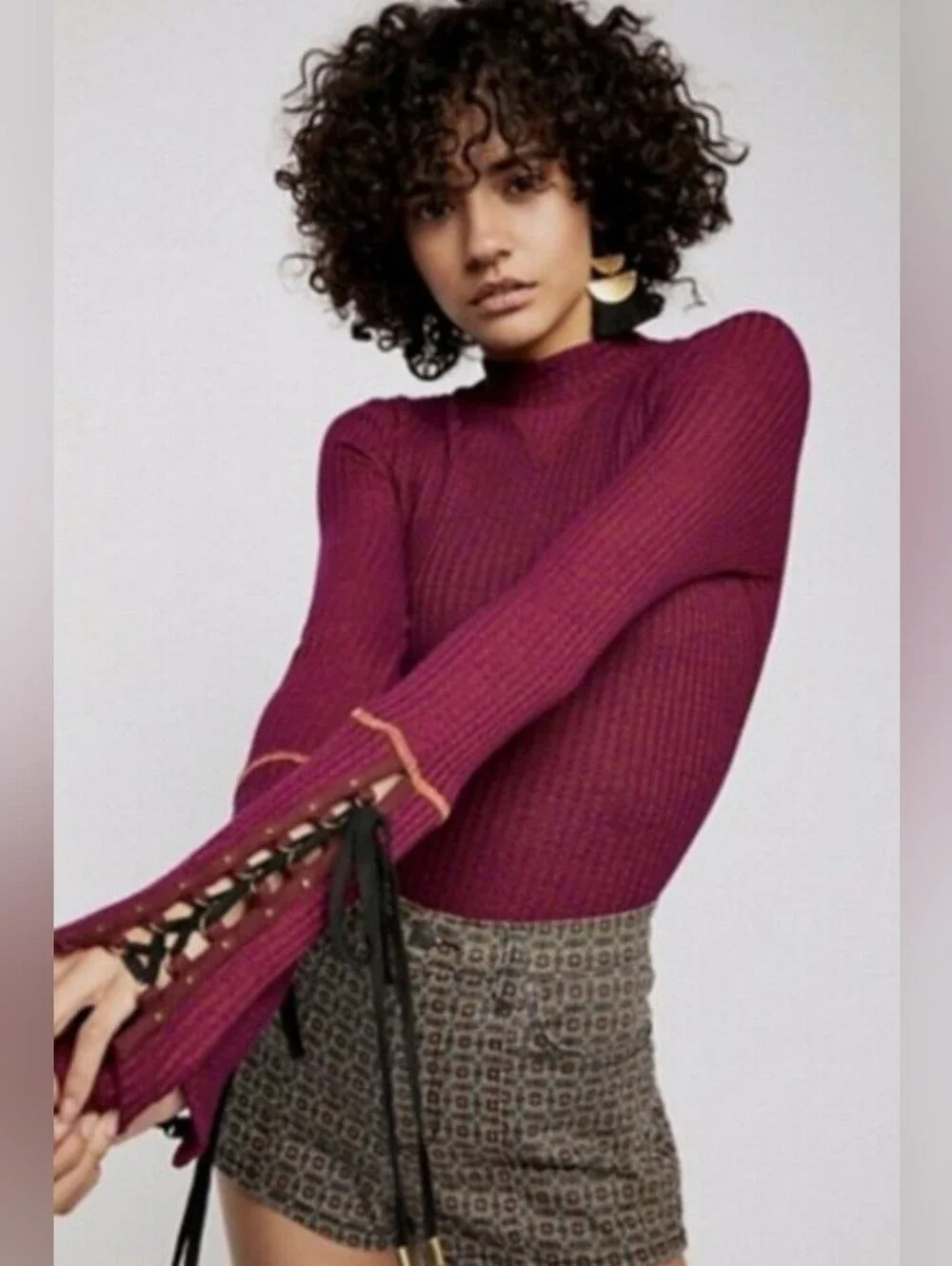 NWT Free People Mountaineer  Burgundy Thermal Top With Lace-Up Detail Cuffs